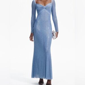 Self-Portrait Shimmering Crystal Embellished Blue Long Sleeve Dress US 2